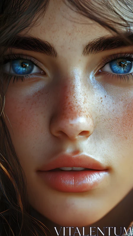 Hyperreal close-up portrait reveals vivid blue freckled gaze