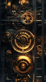 Golden mechanical gears glow warmly in a tall metal frame