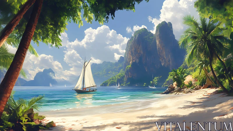 Sailboat anchored within lush tropical cove.