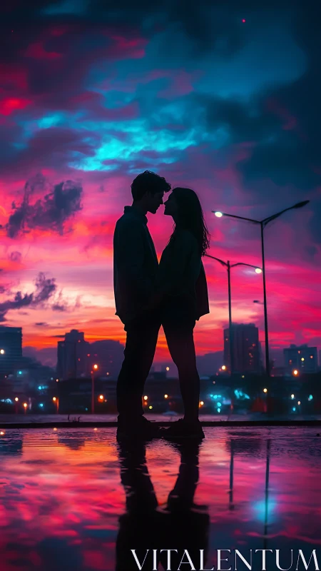 Silhouetted Couple Portrait Against Chromatic Twilight Urban Skyline