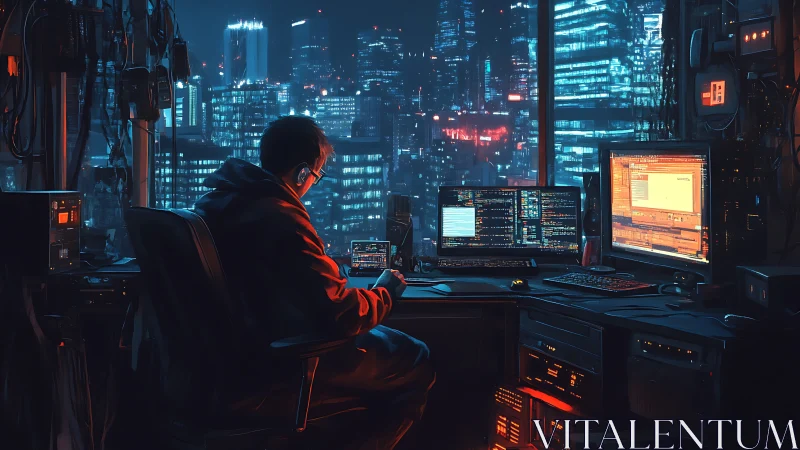 Midnight coder maps neon city secrets from a high rise.