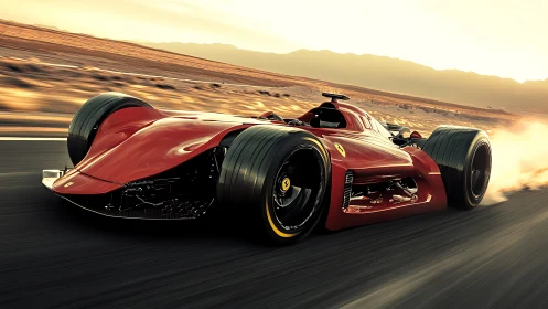 Futuristic red race car speeding along desert highway.