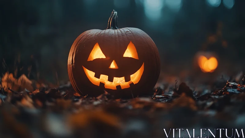 Glowing jack o lantern smiling warmly in a dusky forest.