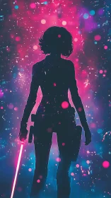 Silhouetted figure holds energy blade in neon particle field