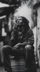 Man with dreadlocks smoking outdoors in dramatic monochrome.