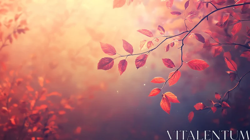 Shallow-depth autumn foliage branch rendered in soft backlit bokeh