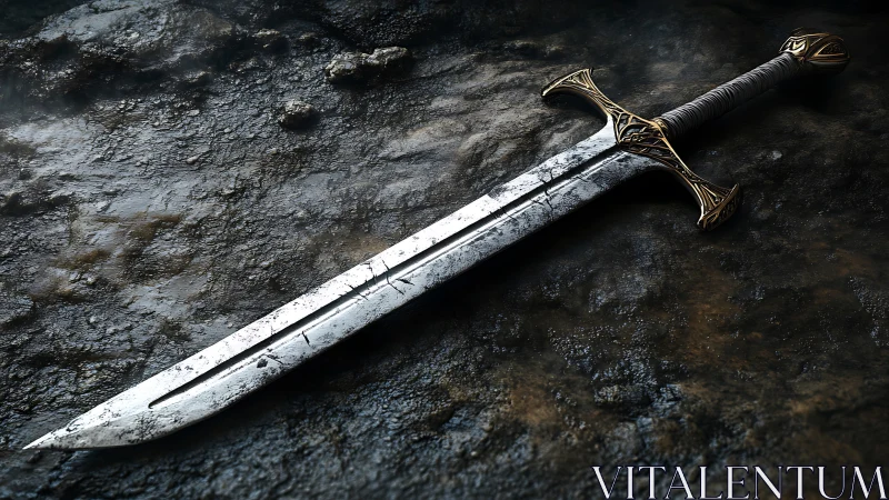 Weathered longsword on basaltic ground, high-detail rendering.