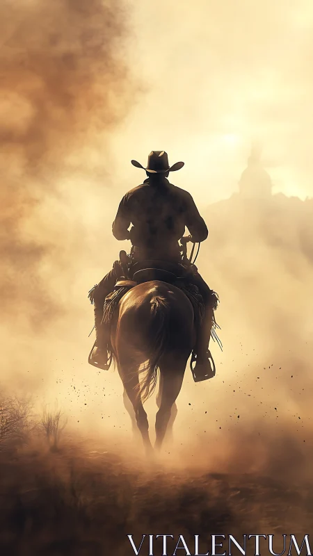 Dusty sunset cowboy rides calmly into the golden haze
