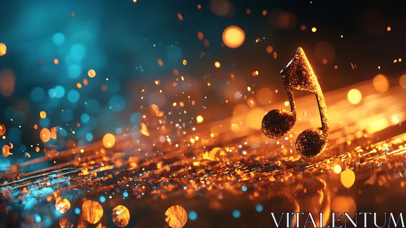 Glowing golden music note rises amid bokeh light field