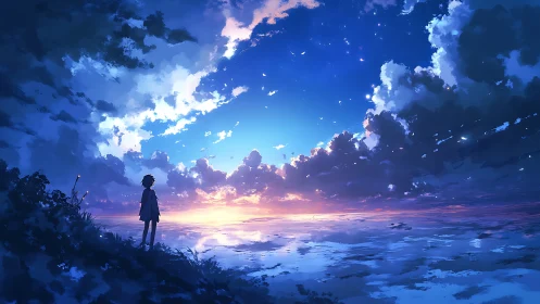 Soft twilight horizon with a lone dreamer by the sea.