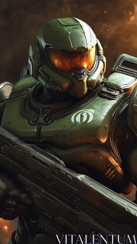 Armored sci fi soldier stands ready in fiery battlefield glow