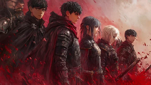 Battle-worn warriors in crimson storm, cinematic side profile.