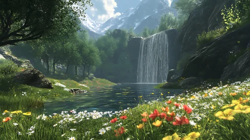 Digital rendering depicts a mountain waterfall and wildflower pond
