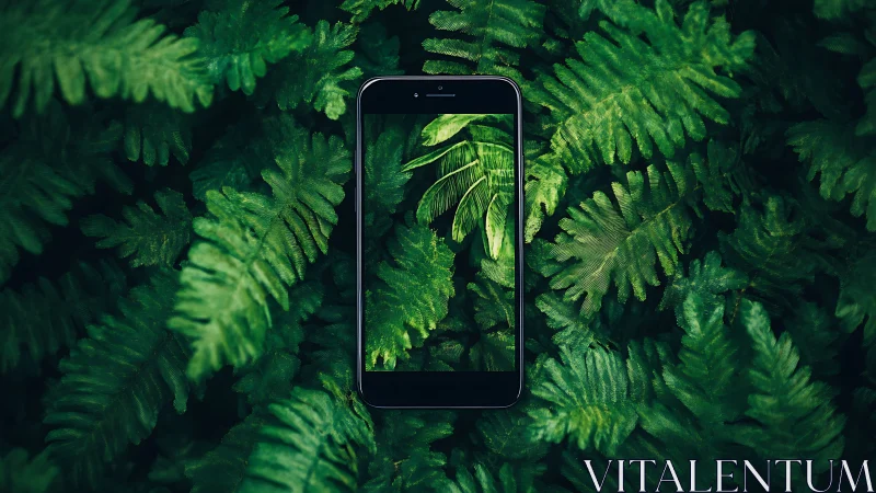 Smartphone centered in dense green fern foliage scene.
