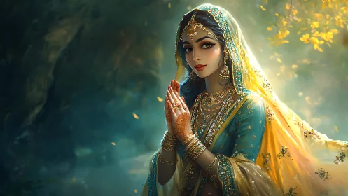 Digital portrait of jeweled woman in aureate ambient light.