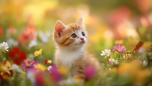Orange Tabby Kitten Surrounded by Vibrant Wildflowers
