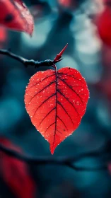 Scarlet heart-shaped leaf with raindrops on teal bokeh.