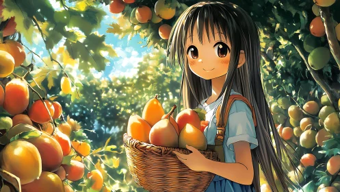Anime girl harvesting ripe fruit in sunlit orchard scene.
