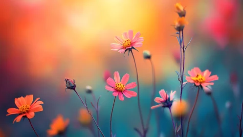 Shallow depth field photograph of pink and orange cosmos flowers
