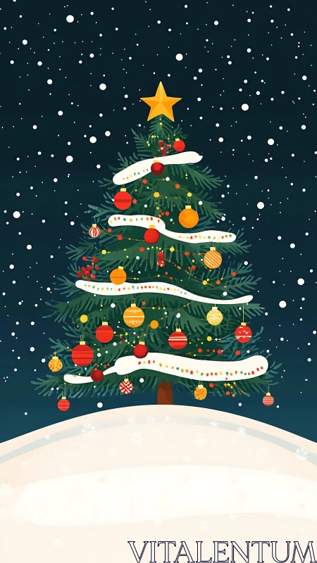 Snowy night Christmas tree glows with bright festive lights.