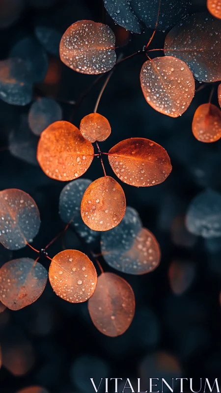 Copper leaves with raindrops under moody teal bokeh glow