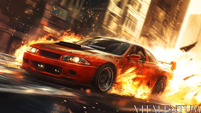 Red sports car drifting through urban street with fire trail.
