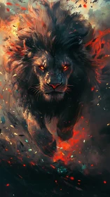 Inferno-maned lion erupts from swirling cosmic embers.