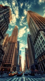 Sunlit skyscraper canyon over busy city avenue at dusk.