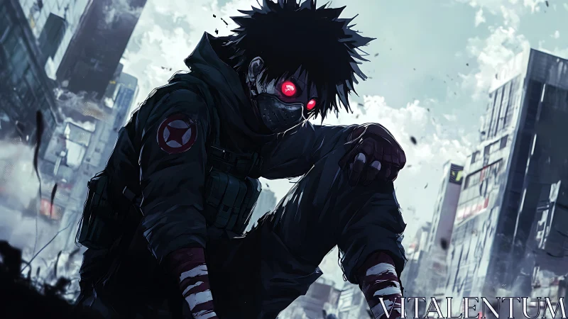 Tactical cyberpunk sentinel with red optics in ruined city.