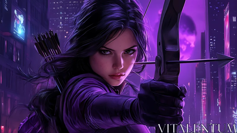 Purple-clad archer locks her aim in neon-soaked night city