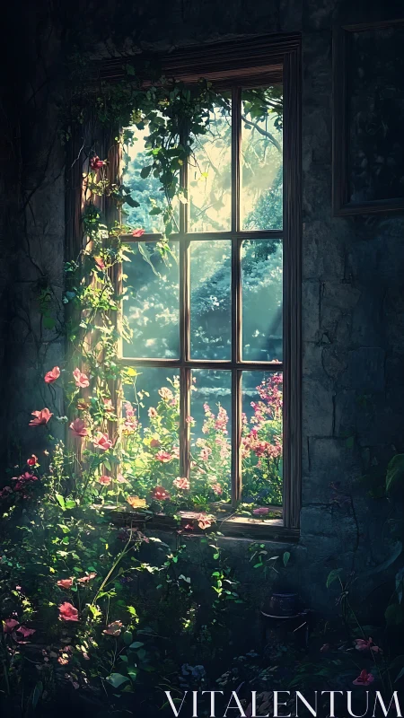 Sunlit garden is viewed through an overgrown stone window