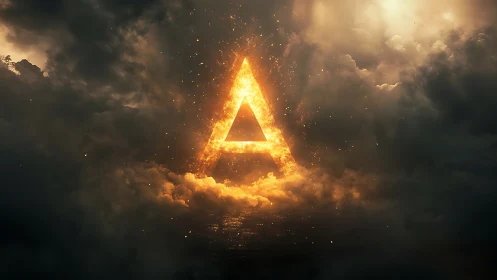 Fiery triangular portal burns through stormy dark clouds.