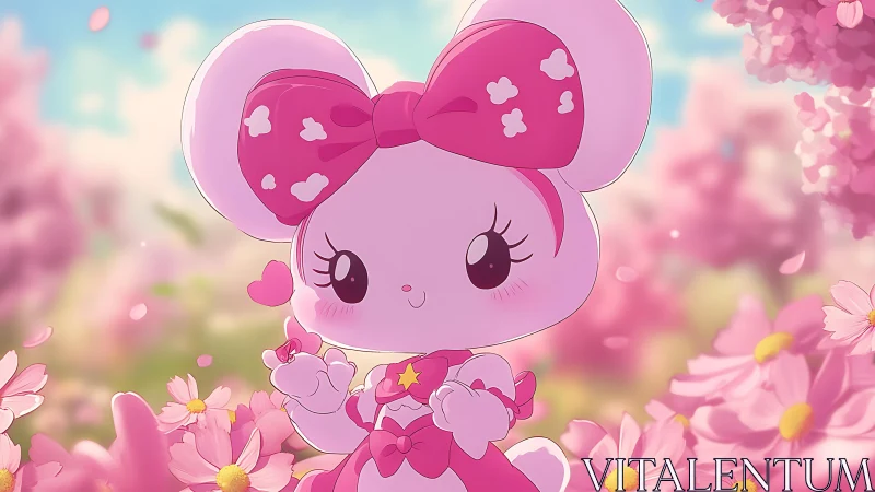 Pink chibi mouse character in soft flower field scene.