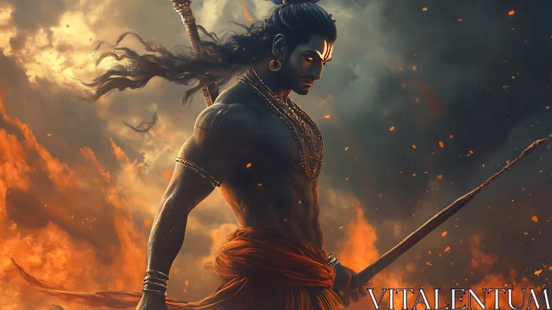 Warrior deity in fiery storm with sword and beads.