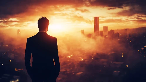 Solitary professional figure silhouetted against urban sunset with atmospheric light diffusion.