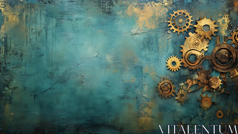 Rustic brass gears on textured turquoise painted background.