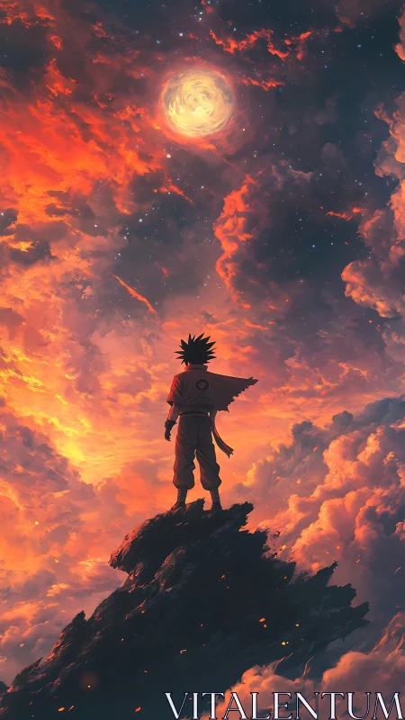 Lone hero gazes toward a swirling sun in blazing skies