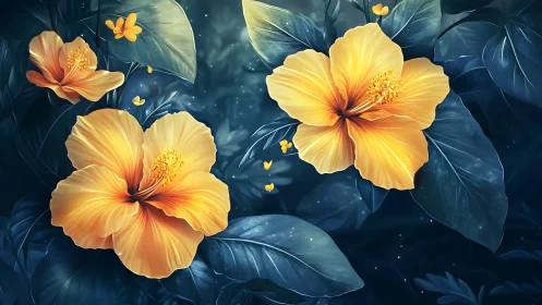 Luminescent Hibiscus Flores: High-Dynamic Range Digital Rendering With Nocturnal Foliage