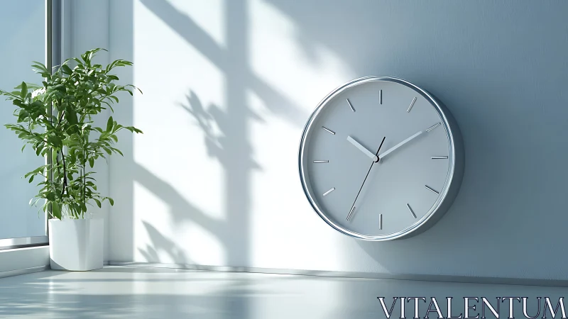 Wall clock and potted plant positioned in bright window light