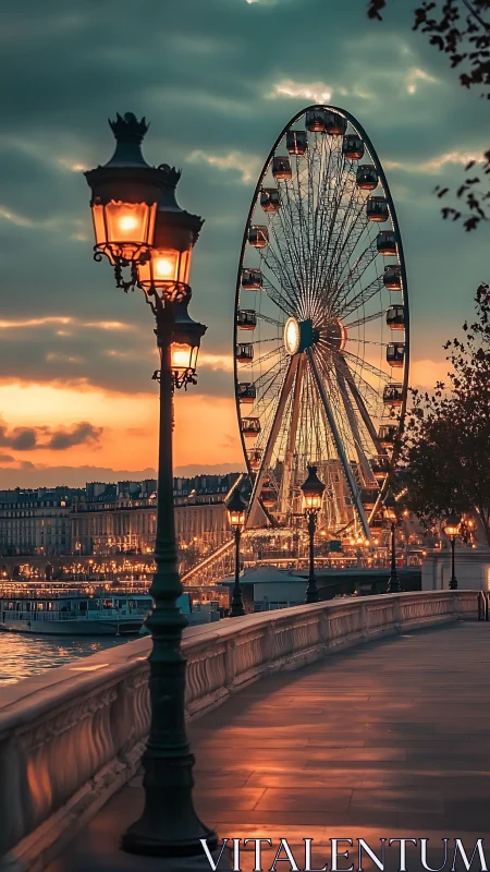 Sunset riverside promenade with illuminated Ferris wheel skyline