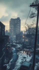 Snowy abandoned street glows beneath looming tower lights.
