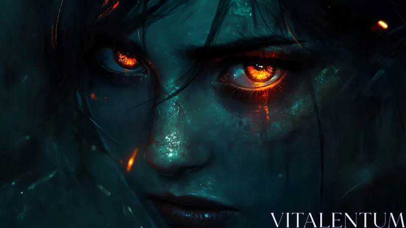 Fiery eyes burn through shadow and mist with fierce resolve