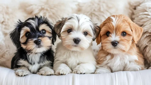 Tri-symmetric portrait of three small-breed puppies in soft focus