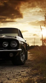 Classic black coupe on rural dirt road at sunset light.