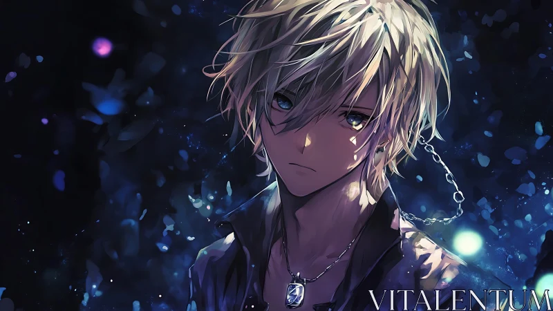 Melancholic blond anime boy stands in a glowing midnight haze