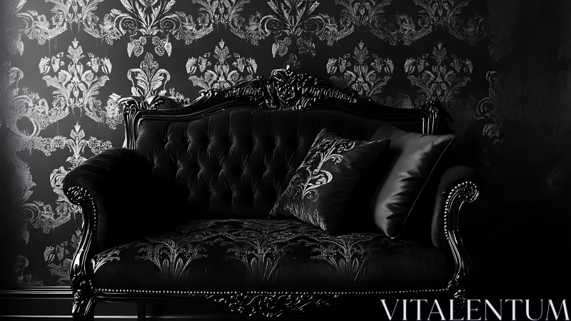 Baroque black sofa rests before ornate damask wall