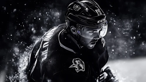 Monochrome high-intensity ice hockey portrait in motion blur.