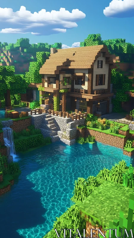 Voxel lakeside house rendered with high dynamic lighting detail