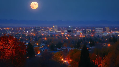 Harvest moon rising over a cozy, lantern-lit cityscape.