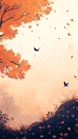 Autumn foliage with birds above rocky hillside at dusk.